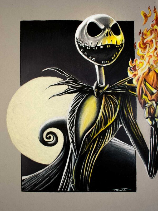 Jack Skellington - The Pumpkin King holding a flaming pumpkin.