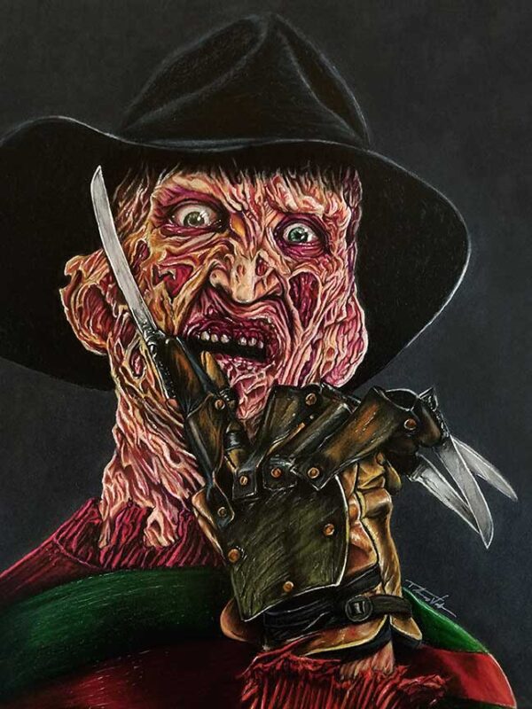 Mixed media illustration of Freddy Krueger