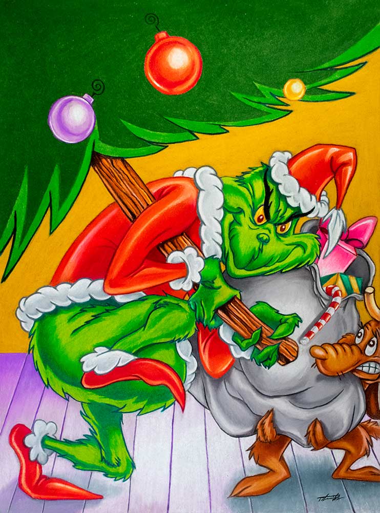 Mixed media illustration of The Grinch with Max