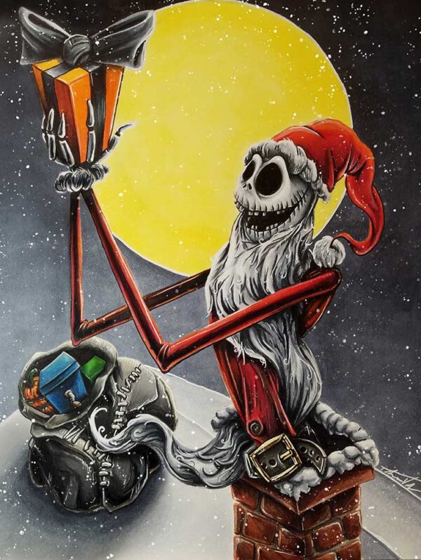 Mixed media illustration of Jack Skellington as Santa