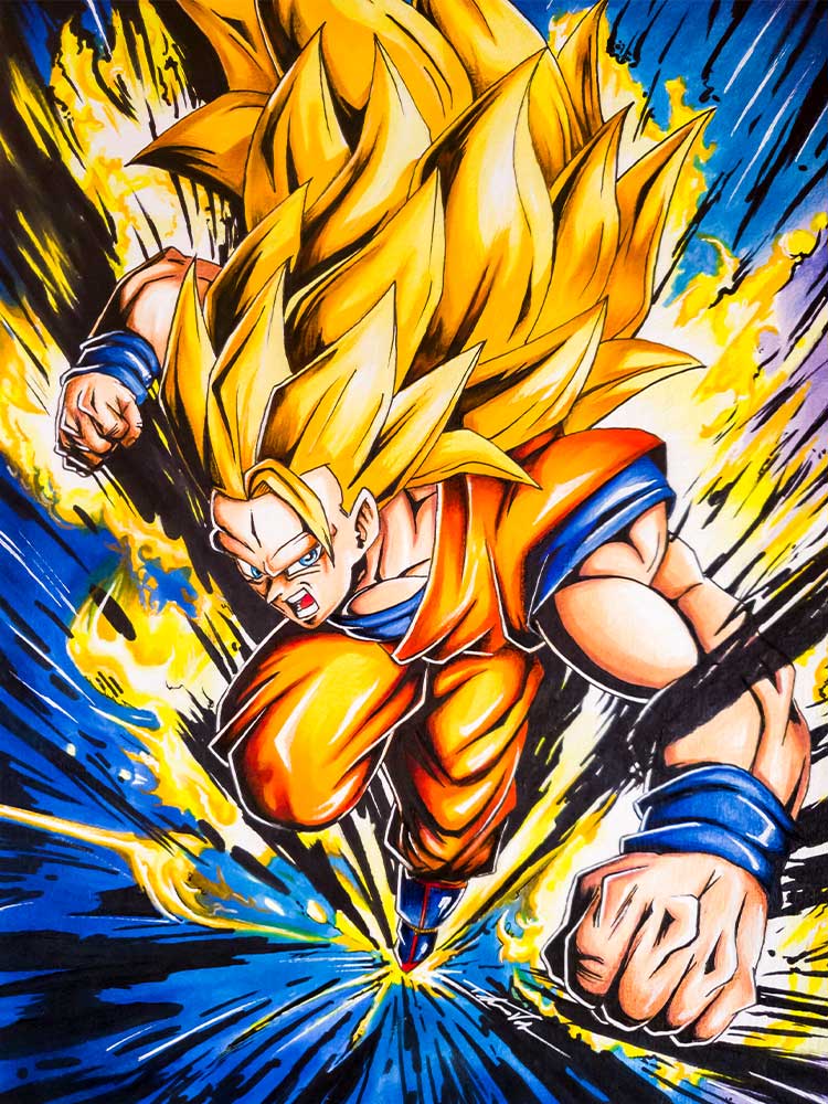 Mixed media illustration of Goku