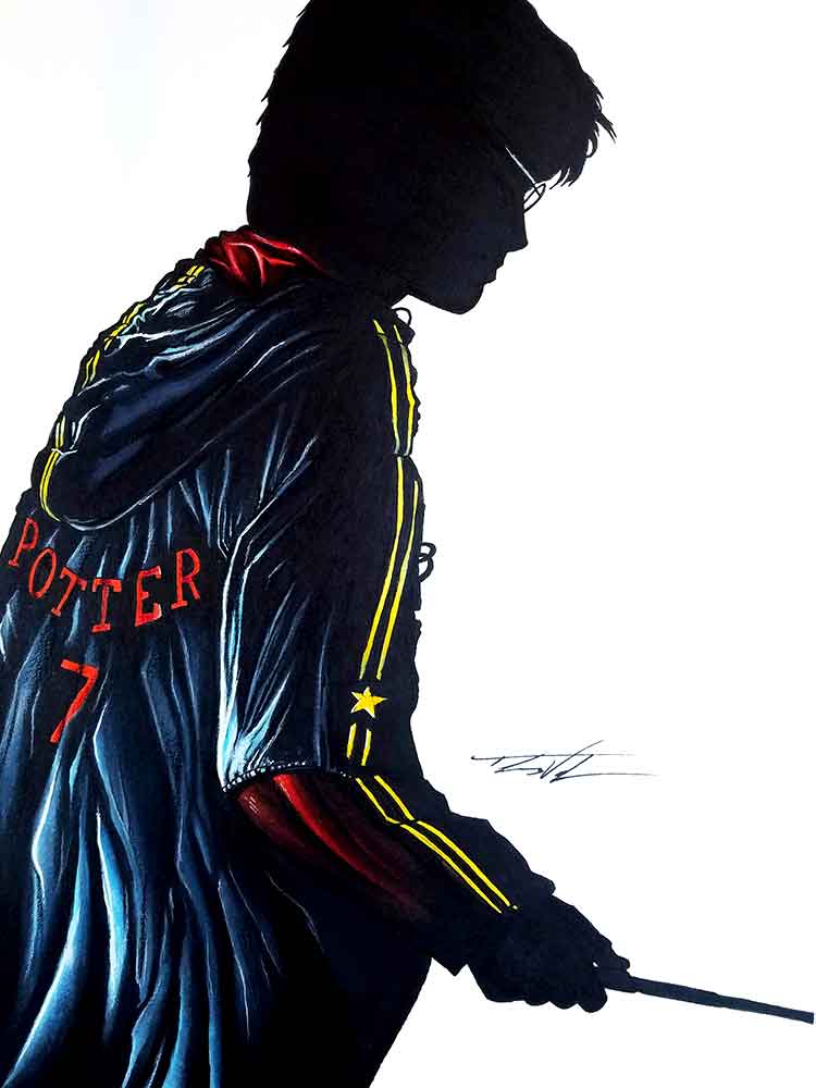 Mixed media illustration of Harry Potter silhouette wearing his quidditch robe
