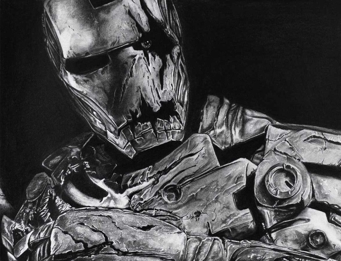 Graphite pencil illustration of Iron Man as a zombie