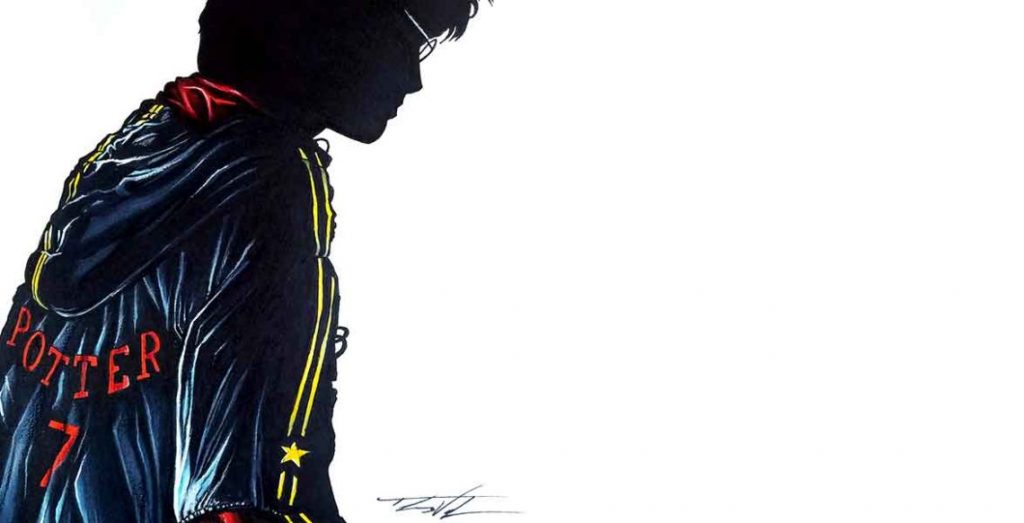 Mixed media illustration of Harry Potter silhouette wearing his quidditch robe Mixed media illustration of Harry Potter silhouette wearing his quidditch robe
