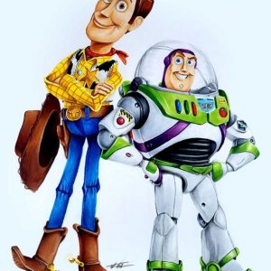 Mixed media illustration of Buzz & Woody from Toy Story
